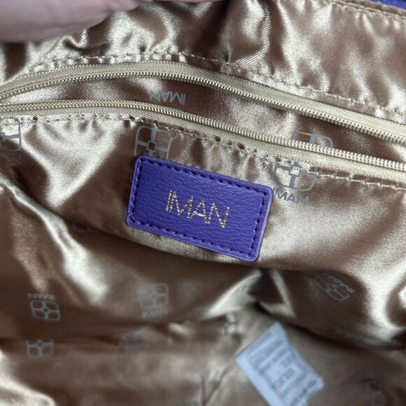 Iman Global Chic Logo Print Dome Satchel Handbag Purse Purple Gold Trim Ivory - Picture 8 of 16